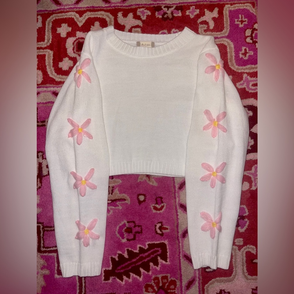 Altar’d State White Crew Pink Flower Sweater